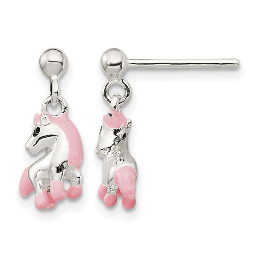Sterling Silver Polished Pink & Black Enameled Horse Children's Post Dangle Earrings