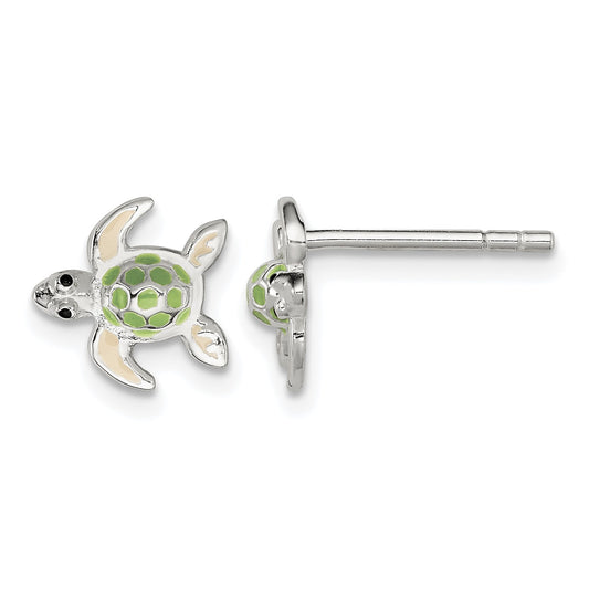 Sterling Silver Polished Multi-color Enameled Sea Turtle Children's Post Earrings