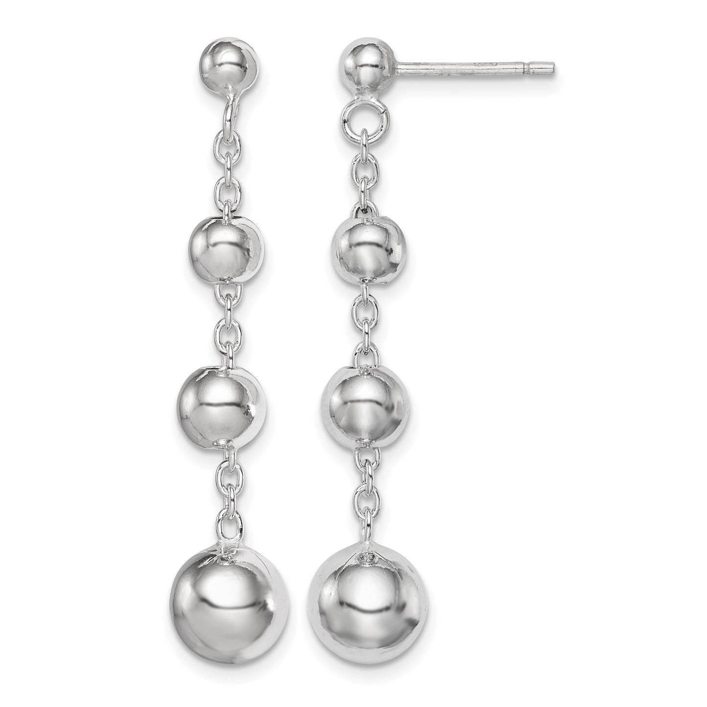 Sterling Silver Rhod-plated Polished Graduated Beaded Post Dangle Earrings