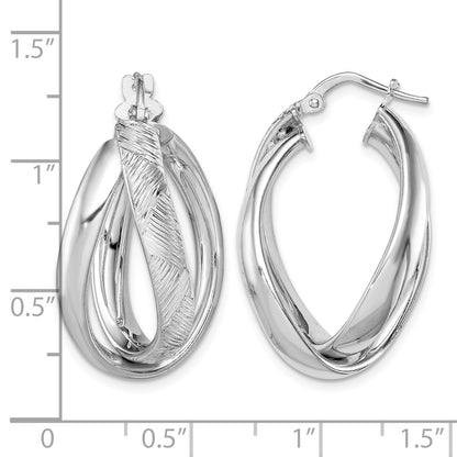 Sterling Silver Rhodium-plated Textured & Twisted Oval Hoop Earrings