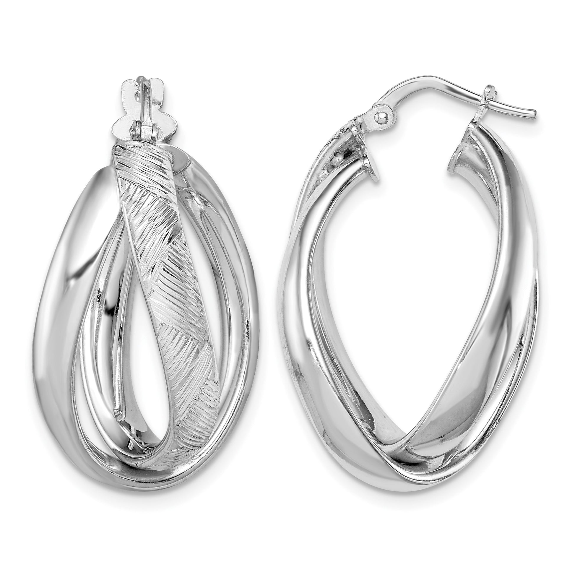 Sterling Silver Rhodium-plated Textured & Twisted Oval Hoop Earrings