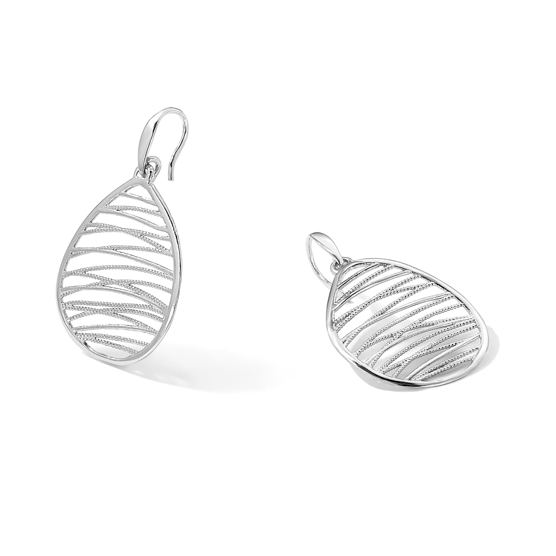 Sterling Silver Rhod-pltd Polished/Textured Teardrop Dangle Earrings