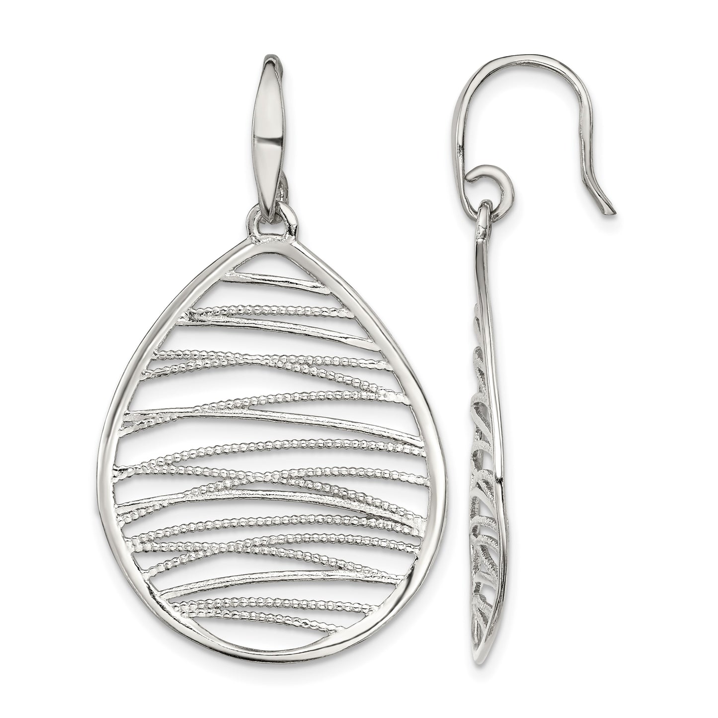 Sterling Silver Rhod-pltd Polished/Textured Teardrop Dangle Earrings