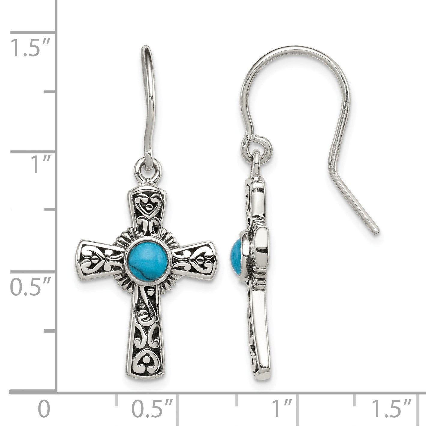 Sterling Silver Antiqued Recon Turquoise Cross Shepherd Hook Earrings