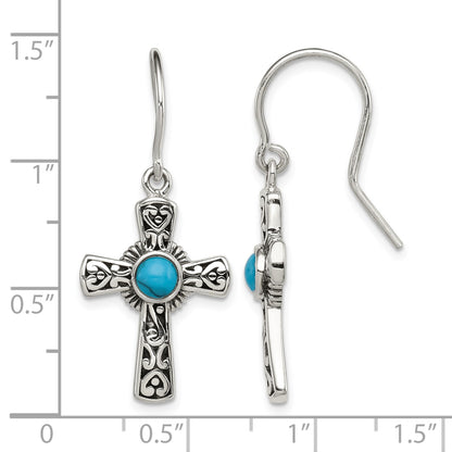 Sterling Silver Antiqued Recon Turquoise Cross Shepherd Hook Earrings