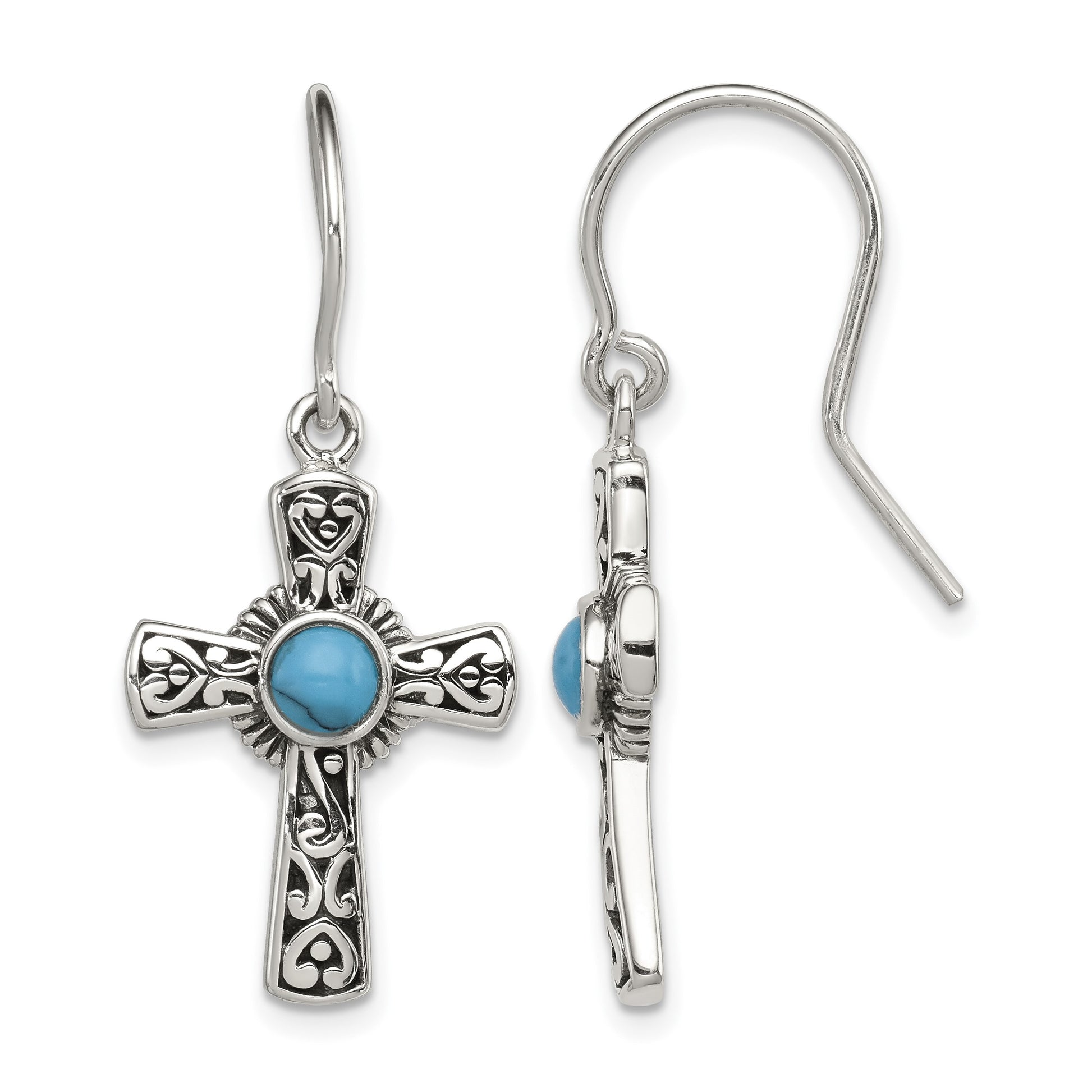 Sterling Silver Antiqued Recon Turquoise Cross Shepherd Hook Earrings