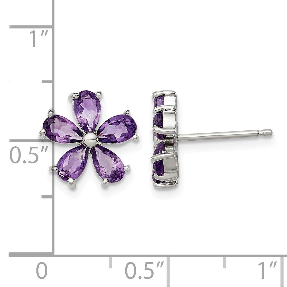 Sterling Silver Rhodium Plated Amethyst Floral Earrings