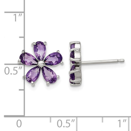 Sterling Silver Rhodium Plated Amethyst Floral Earrings