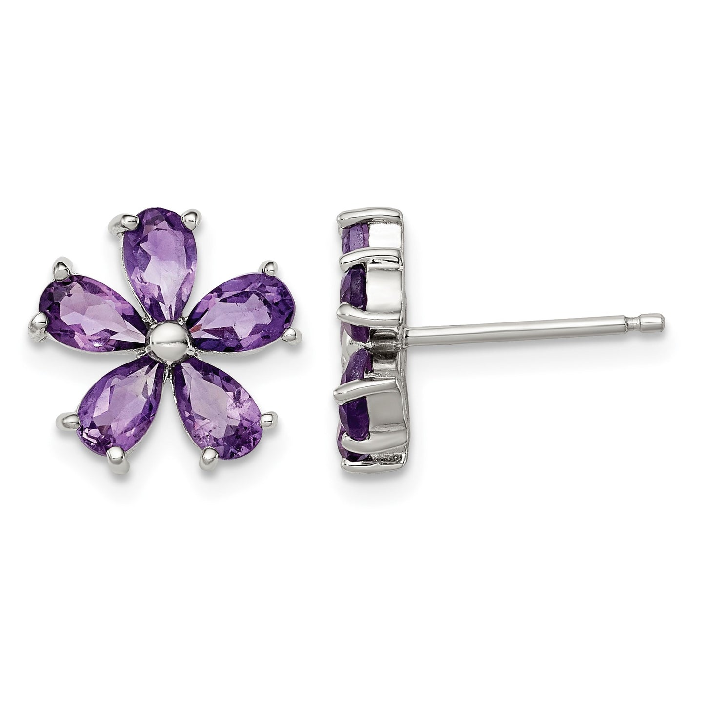 Sterling Silver Rhodium Plated Amethyst Floral Earrings