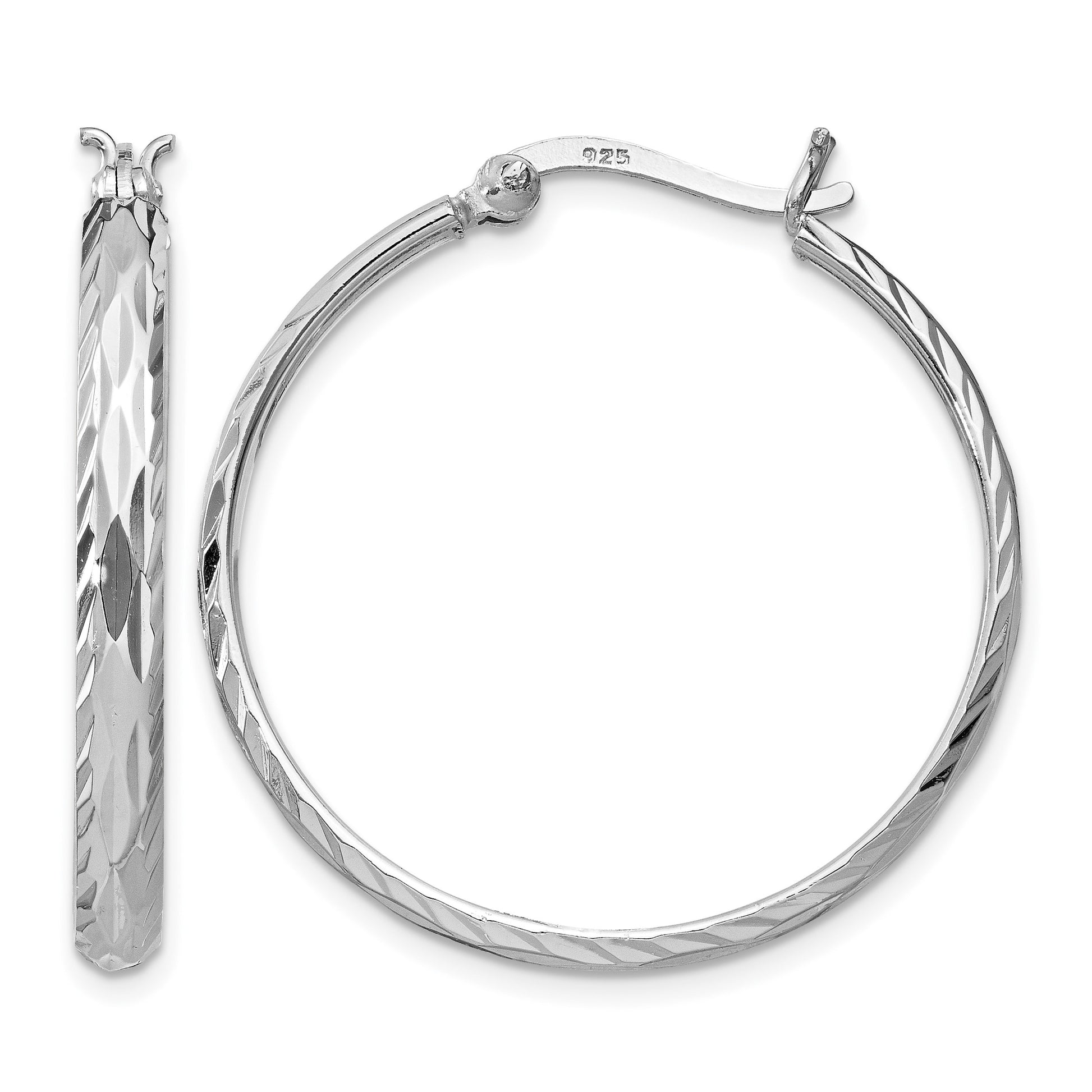 Sterling Silver Rhodium-plated 2.5mm Textured Round Hoops