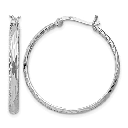 Sterling Silver Rhodium-plated 2.5mm Textured Round Hoops