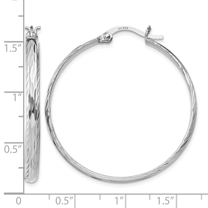 Sterling Silver Rhodium-plated 2.5mm Textured Round Hoops