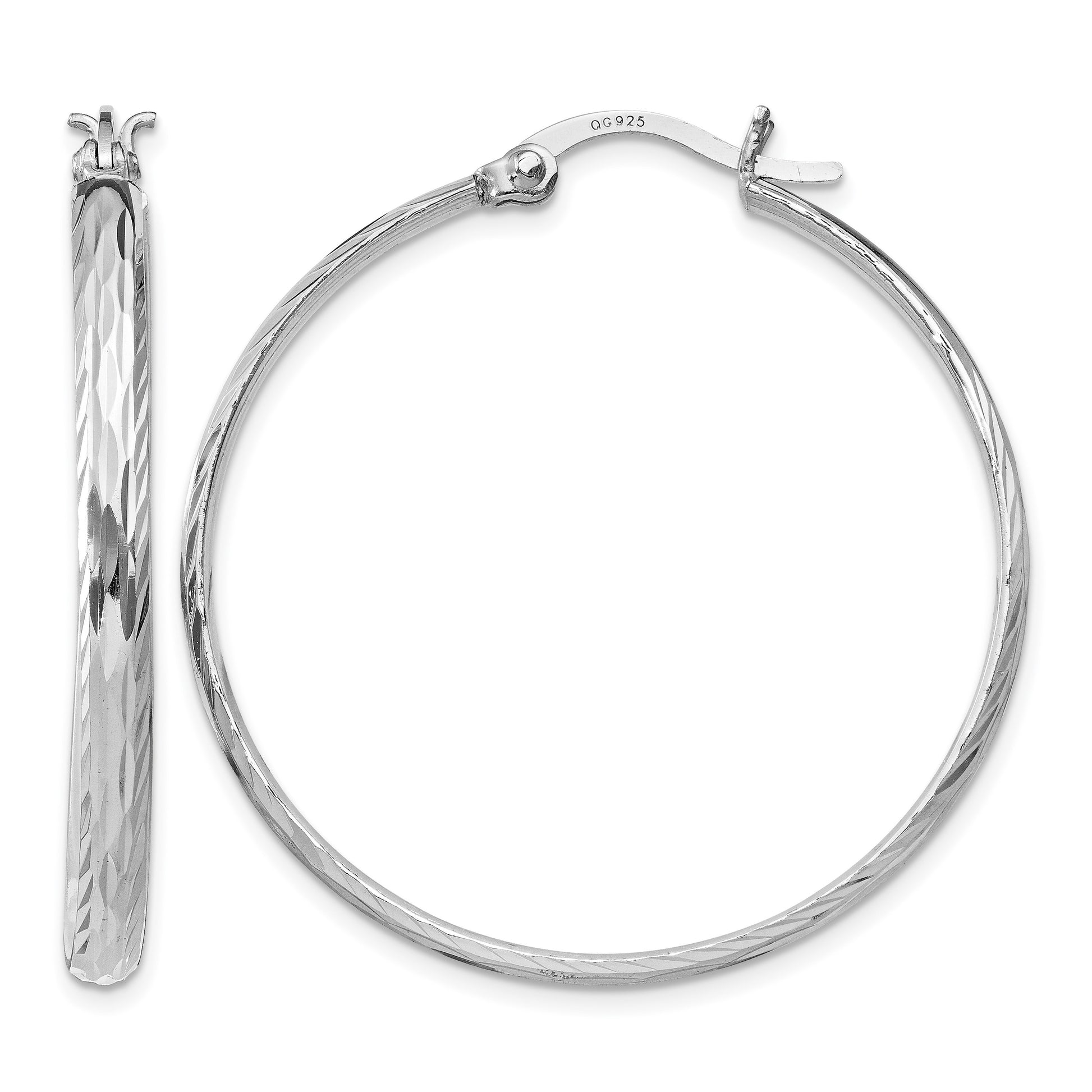 Sterling Silver Rhodium-plated 2.5mm Textured Round Hoops