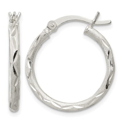 Sterling Silver Satin Diamond-cut 2x20mm Hoop Earrings