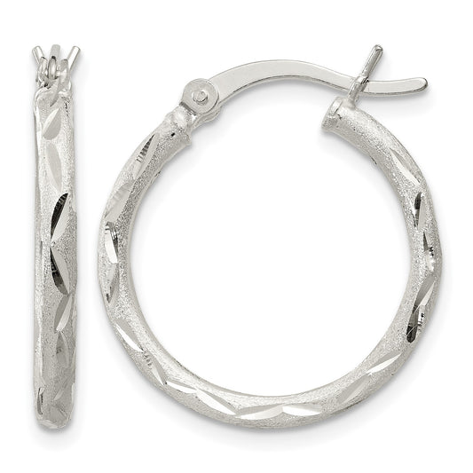 Sterling Silver Satin Diamond-cut 2x20mm Hoop Earrings