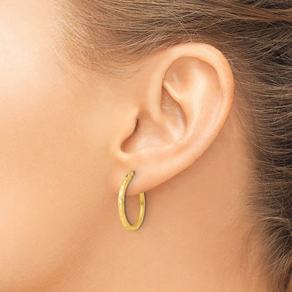 Sterling Silver Gold-tone Satin Diamond-cut 2x20mm Hoop Earrings