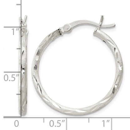 Sterling Silver Satin Diamond-cut 2x25mm Hoop Earrings