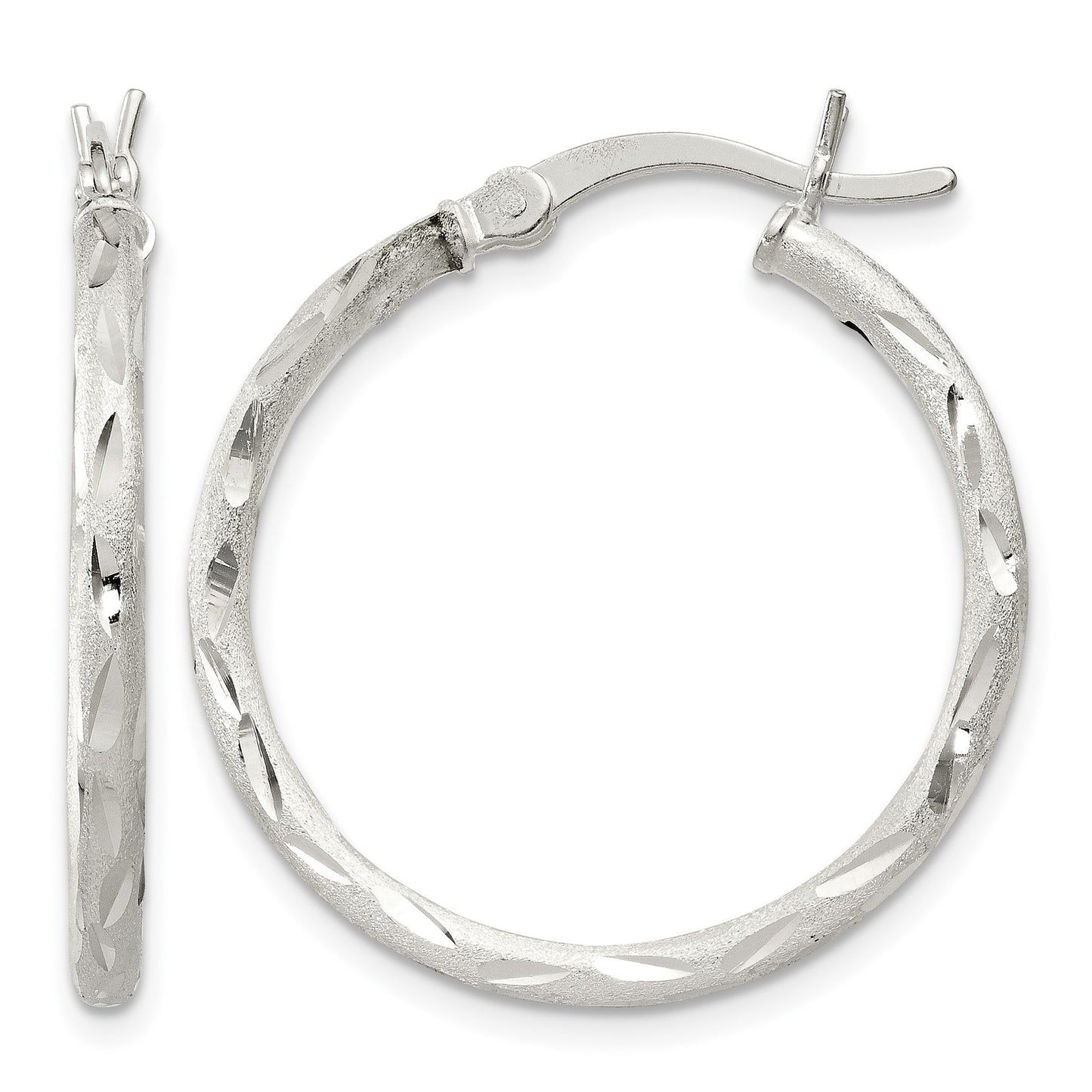 Sterling Silver Satin Diamond-cut 2x25mm Hoop Earrings