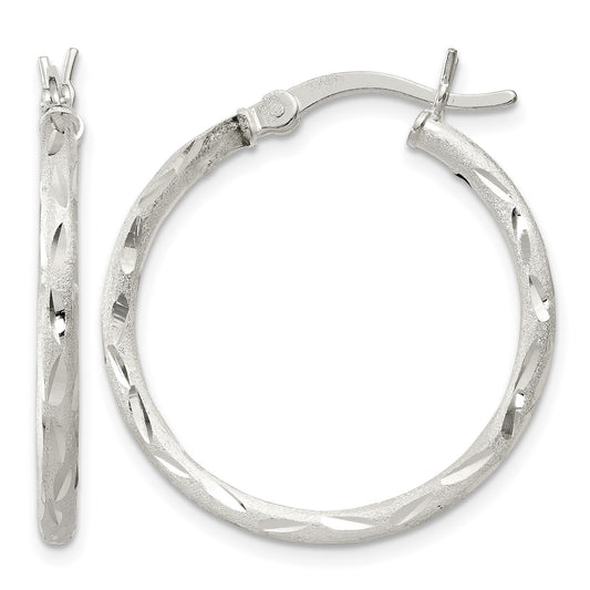 Sterling Silver Satin Diamond-cut 2x25mm Hoop Earrings