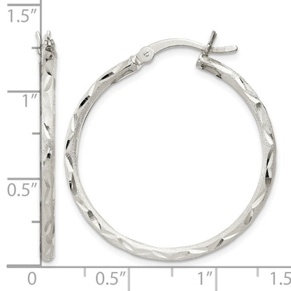 Sterling Silver Satin Diamond-cut 2x31mm Hoop Earrings