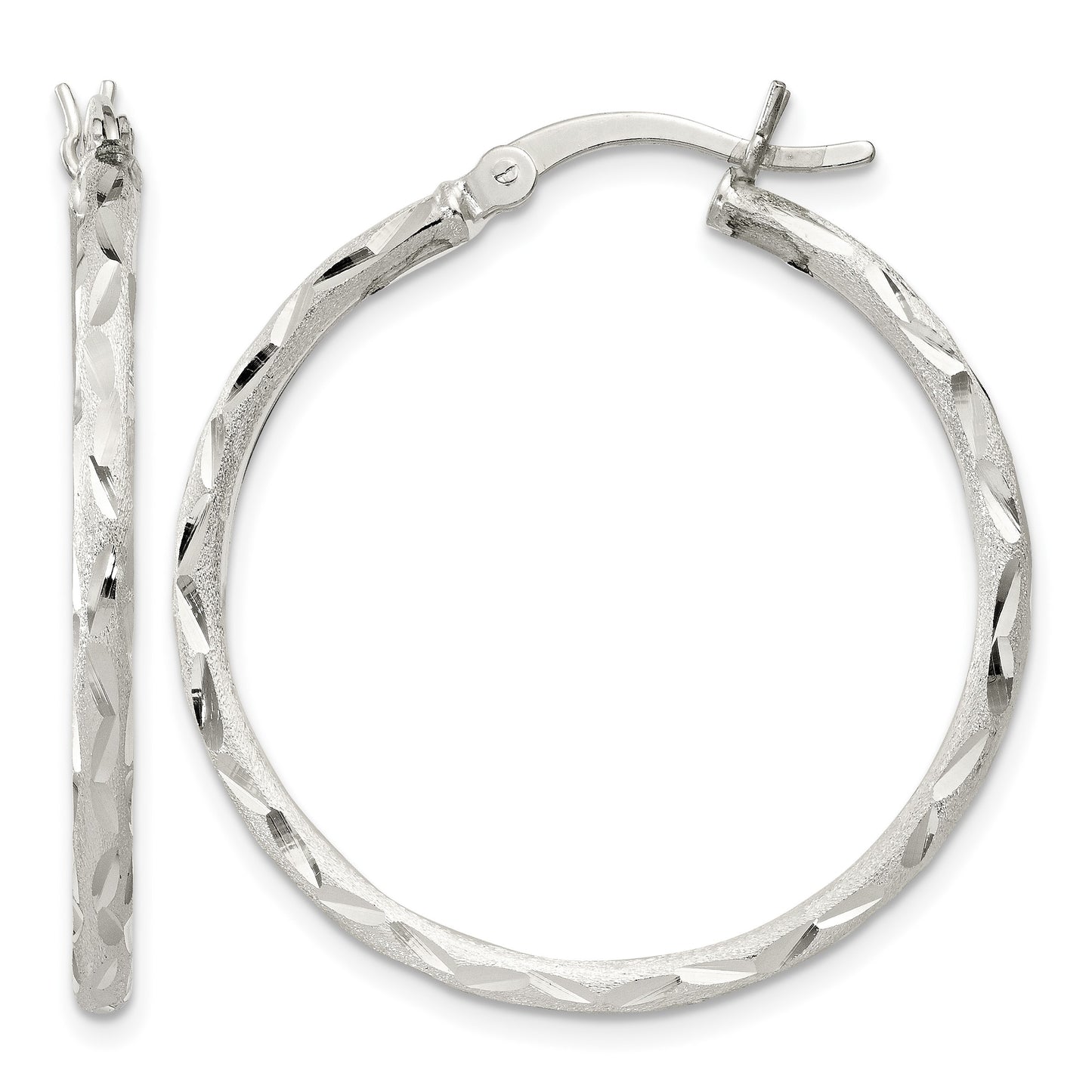 Sterling Silver Satin Diamond-cut 2x31mm Hoop Earrings