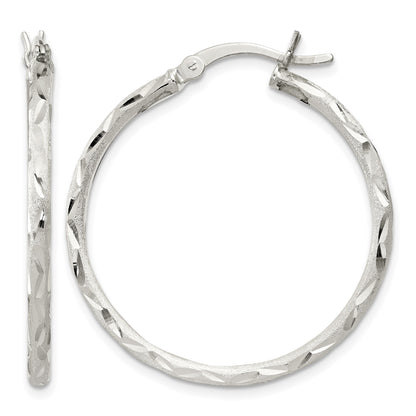 Sterling Silver Satin Diamond-cut 2x31mm Hoop Earrings
