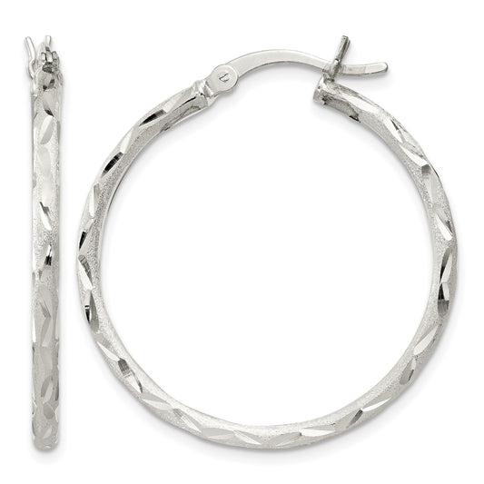 Sterling Silver Satin Diamond-cut 2x31mm Hoop Earrings