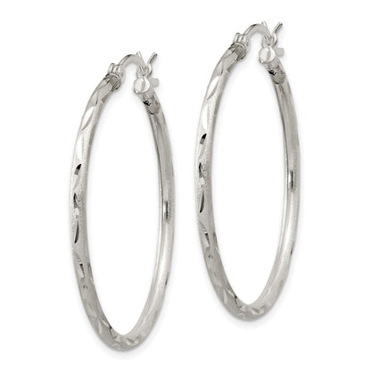 Sterling Silver Satin Diamond-cut 2x35mm Hoop Earrings