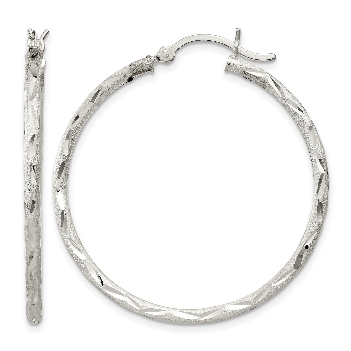 Sterling Silver Satin Diamond-cut 2x35mm Hoop Earrings