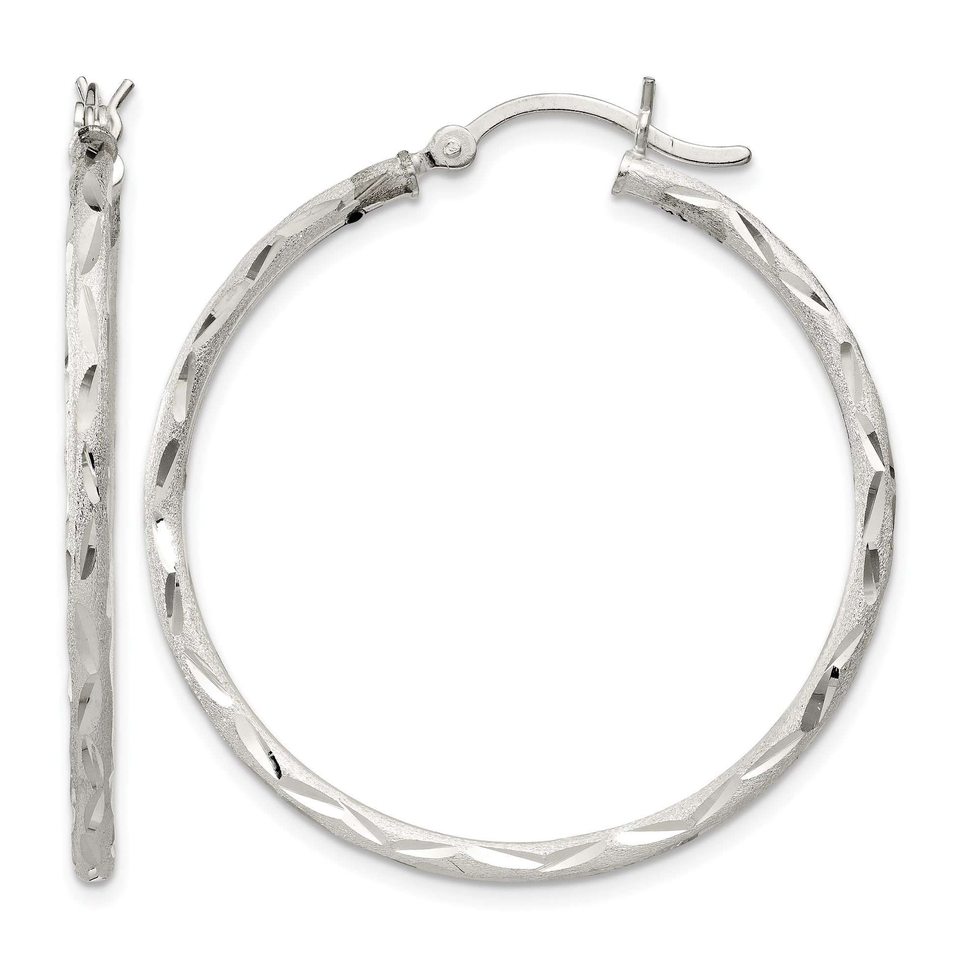 Sterling Silver Satin Diamond-cut 2x35mm Hoop Earrings