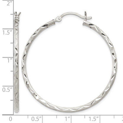 Sterling Silver Satin Diamond-cut 2x40mm Hoop Earrings