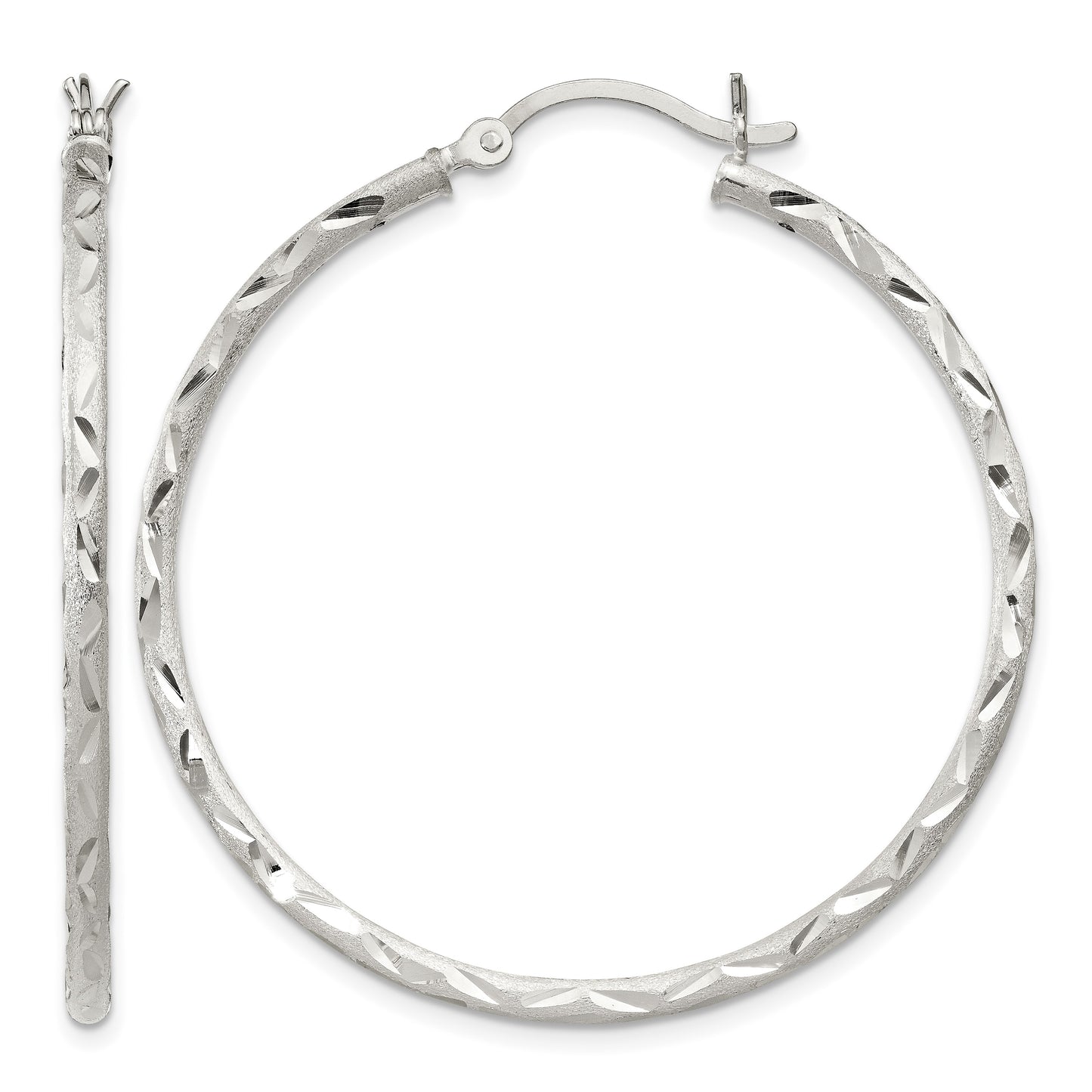 Sterling Silver Satin Diamond-cut 2x40mm Hoop Earrings