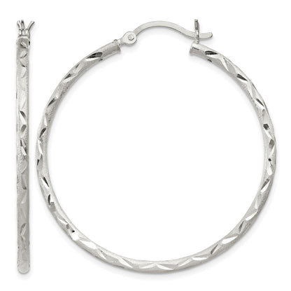 Sterling Silver Satin Diamond-cut 2x40mm Hoop Earrings