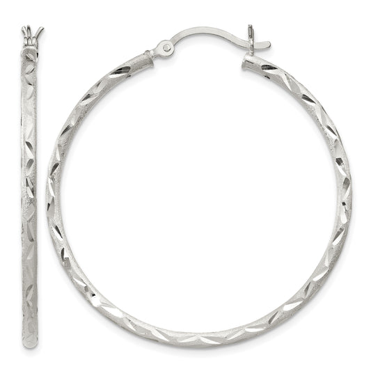 Sterling Silver Satin Diamond-cut 2x40mm Hoop Earrings