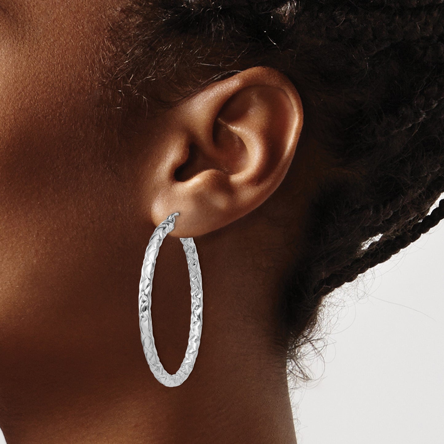 Sterling Silver Rhodium-plated Textured 3x40mm Hoop Earrings