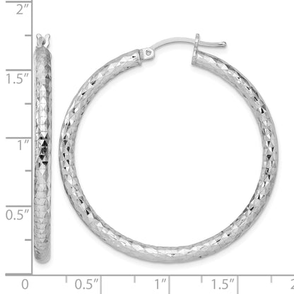 Sterling Silver Rhodium-plated Textured 3x40mm Hoop Earrings