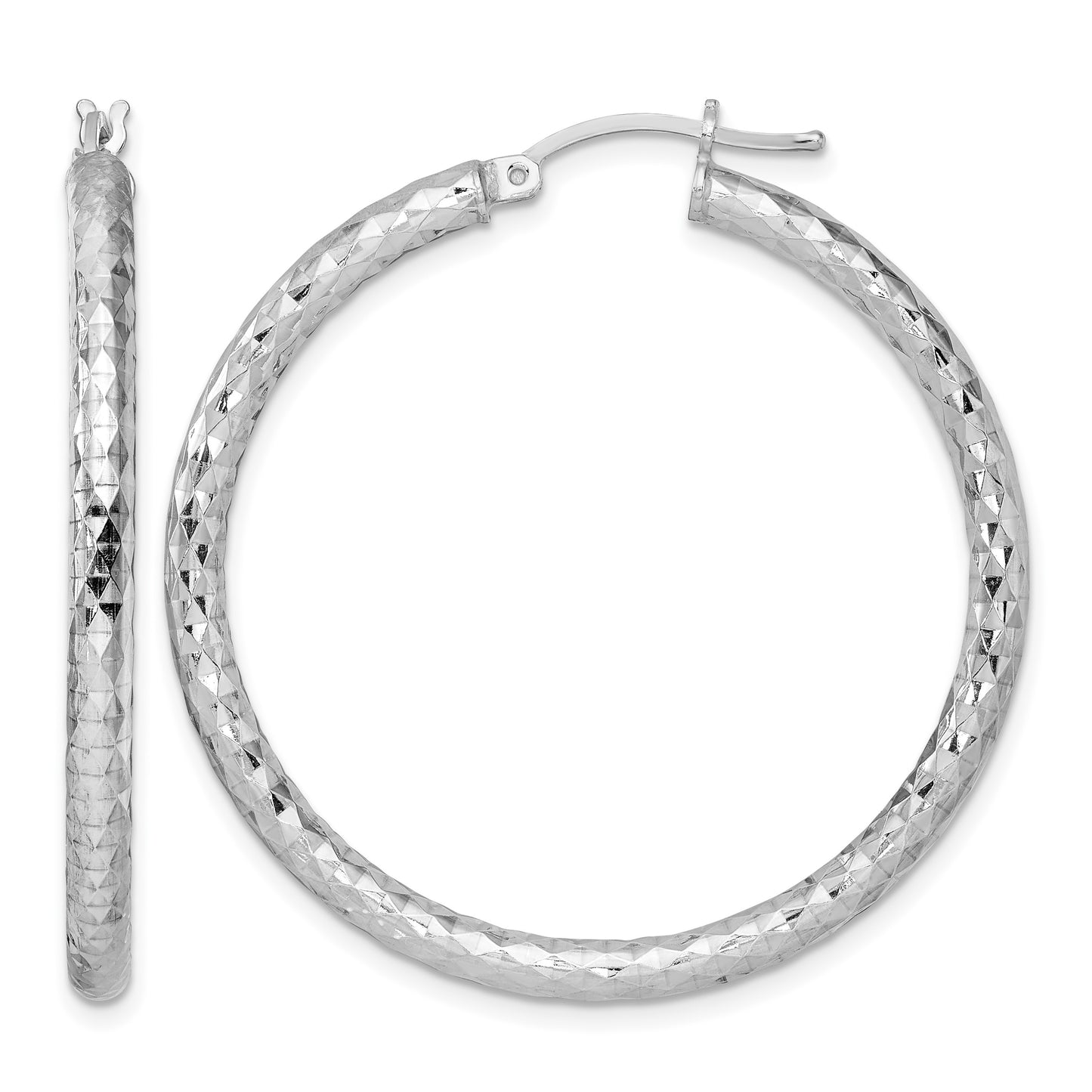 Sterling Silver Rhodium-plated Textured 3x40mm Hoop Earrings