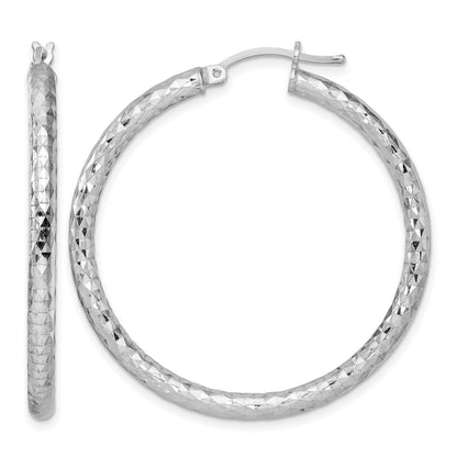 Sterling Silver Rhodium-plated Textured 3x40mm Hoop Earrings
