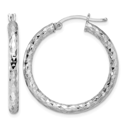 Sterling Silver Rhodium-plated Textured 3x30mm Hoop Earrings