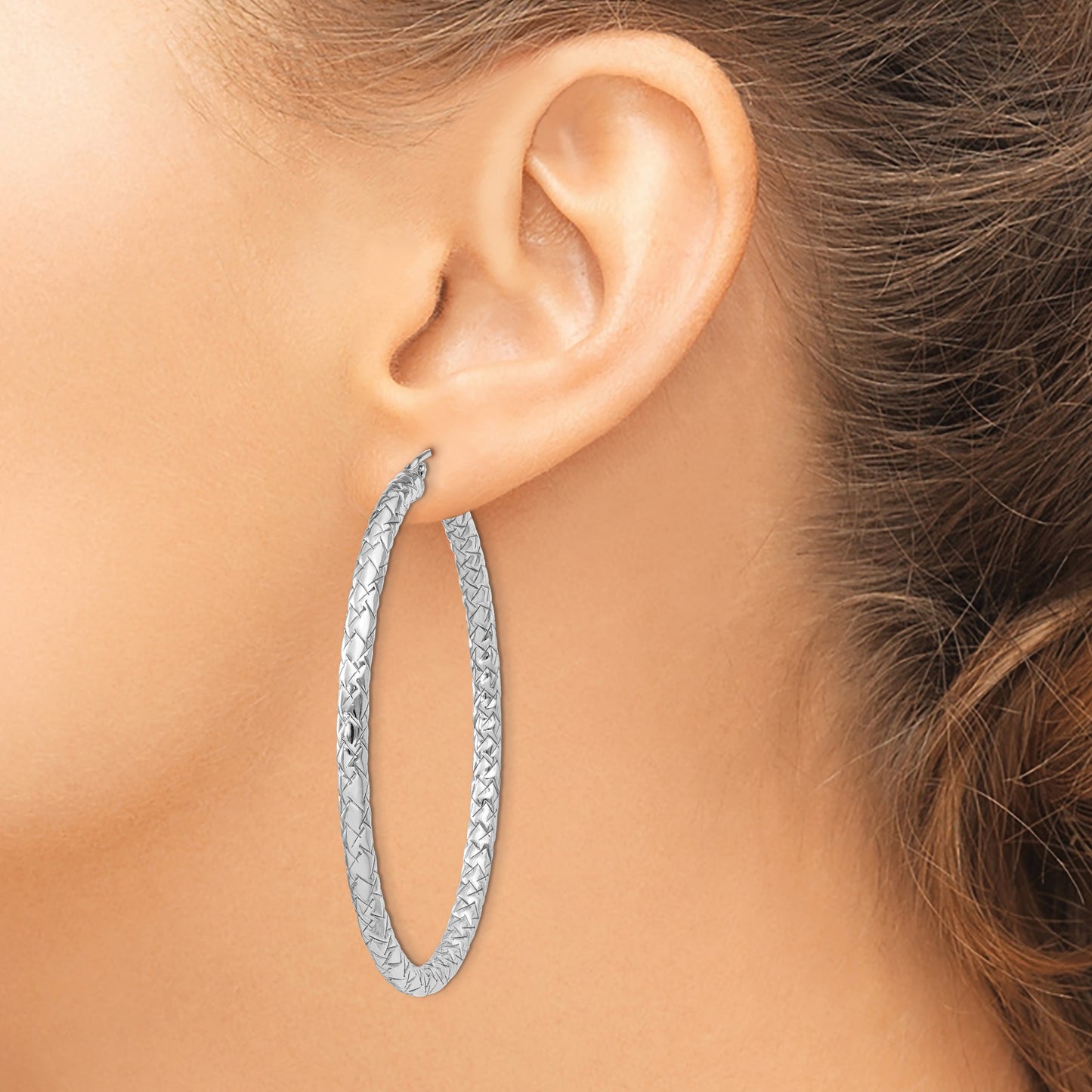 Sterling Silver Rhodium-plated Textured 3x50mm Hoop Earrings