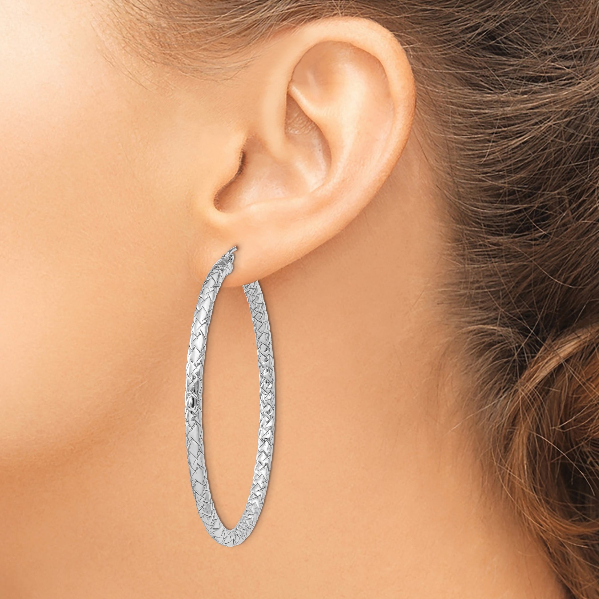 Sterling Silver Rhodium-plated Textured 3x50mm Hoop Earrings