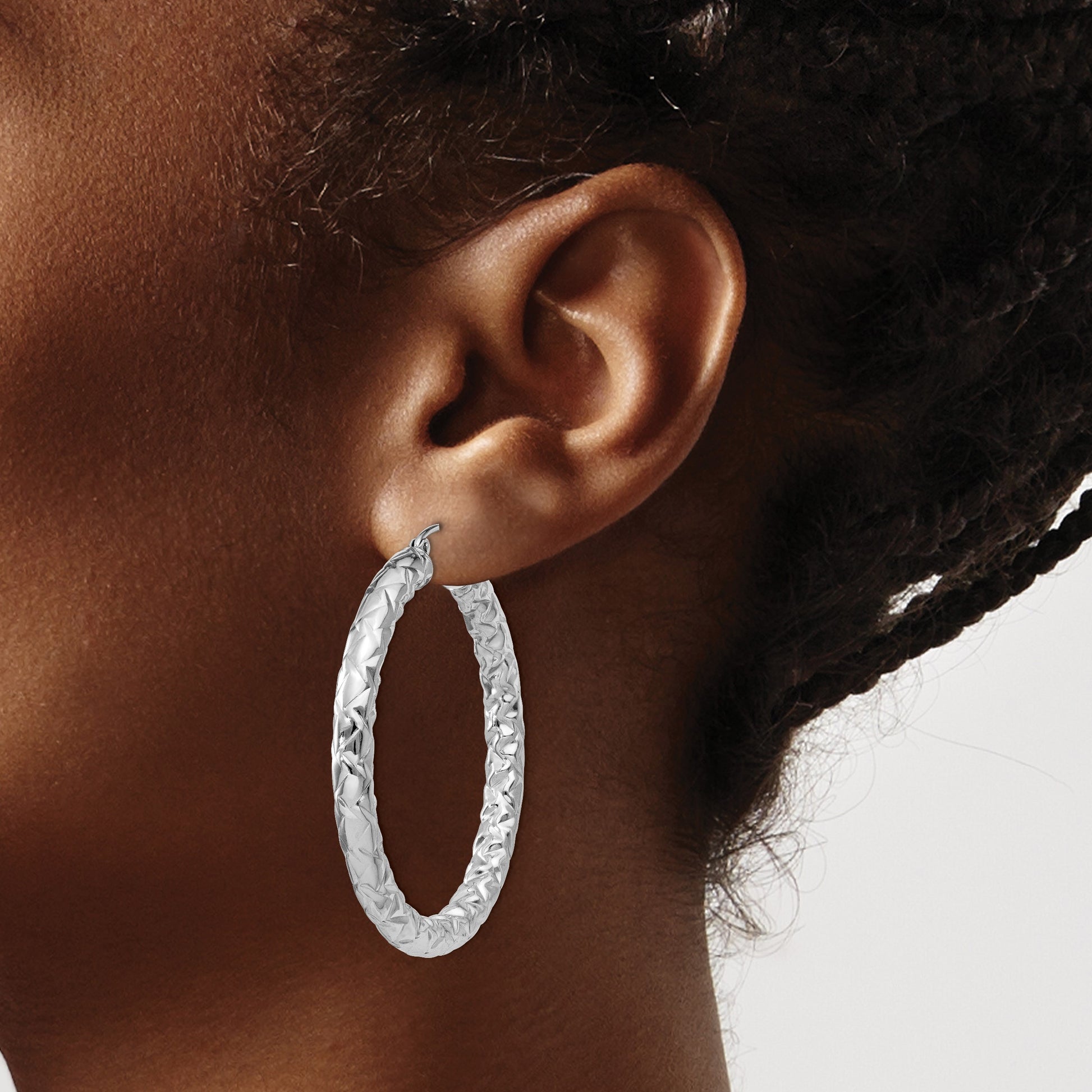 Sterling Silver Rhodium-plated Textured 4x40mm Hoop Earrings