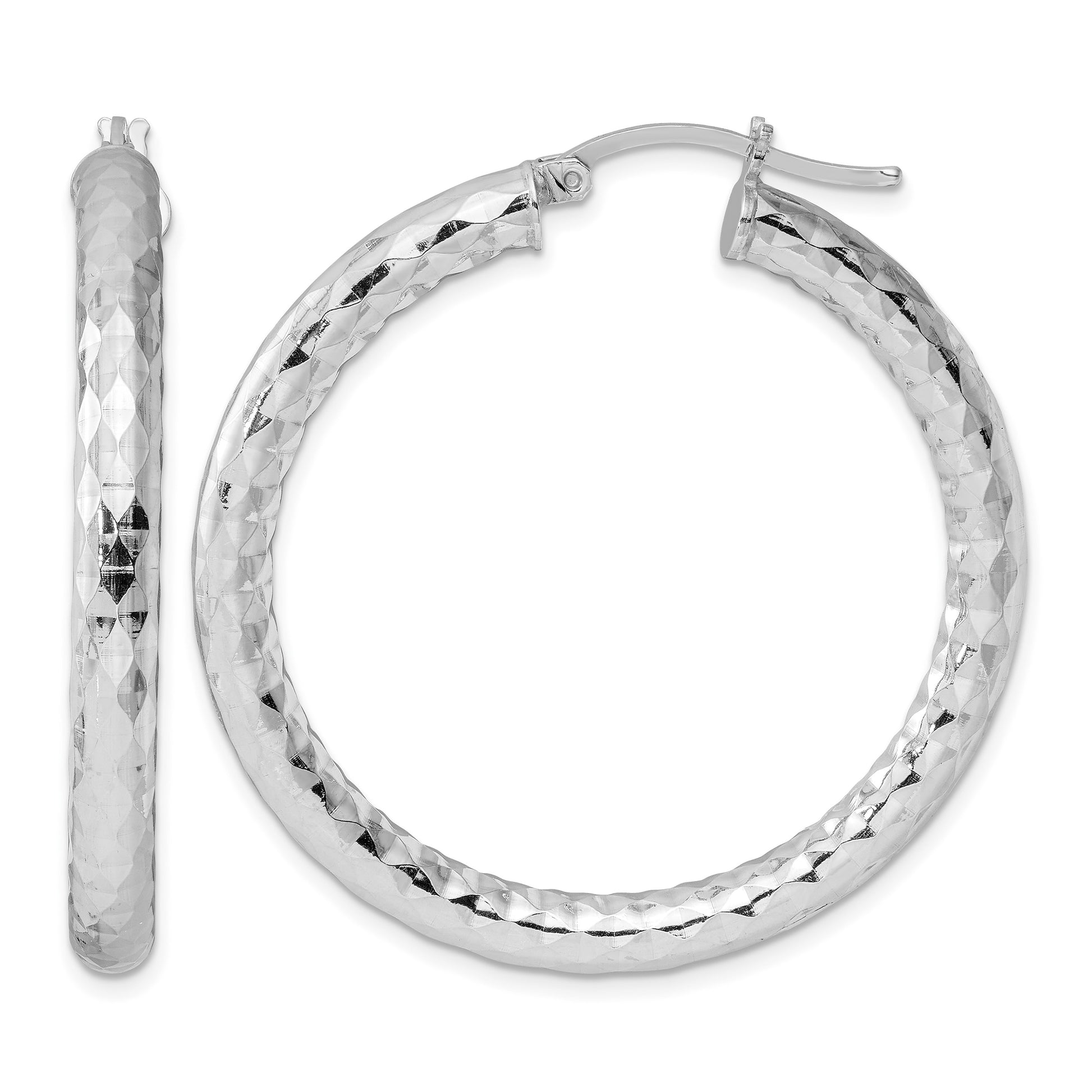 Sterling Silver Rhodium-plated Textured 4x40mm Hoop Earrings