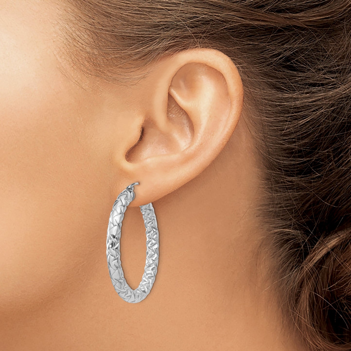 Sterling Silver Rhodium-plated Textured 4x35mm Hoop Earrings