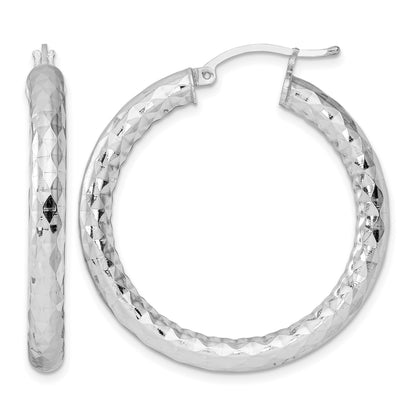 Sterling Silver Rhodium-plated Textured 4x35mm Hoop Earrings