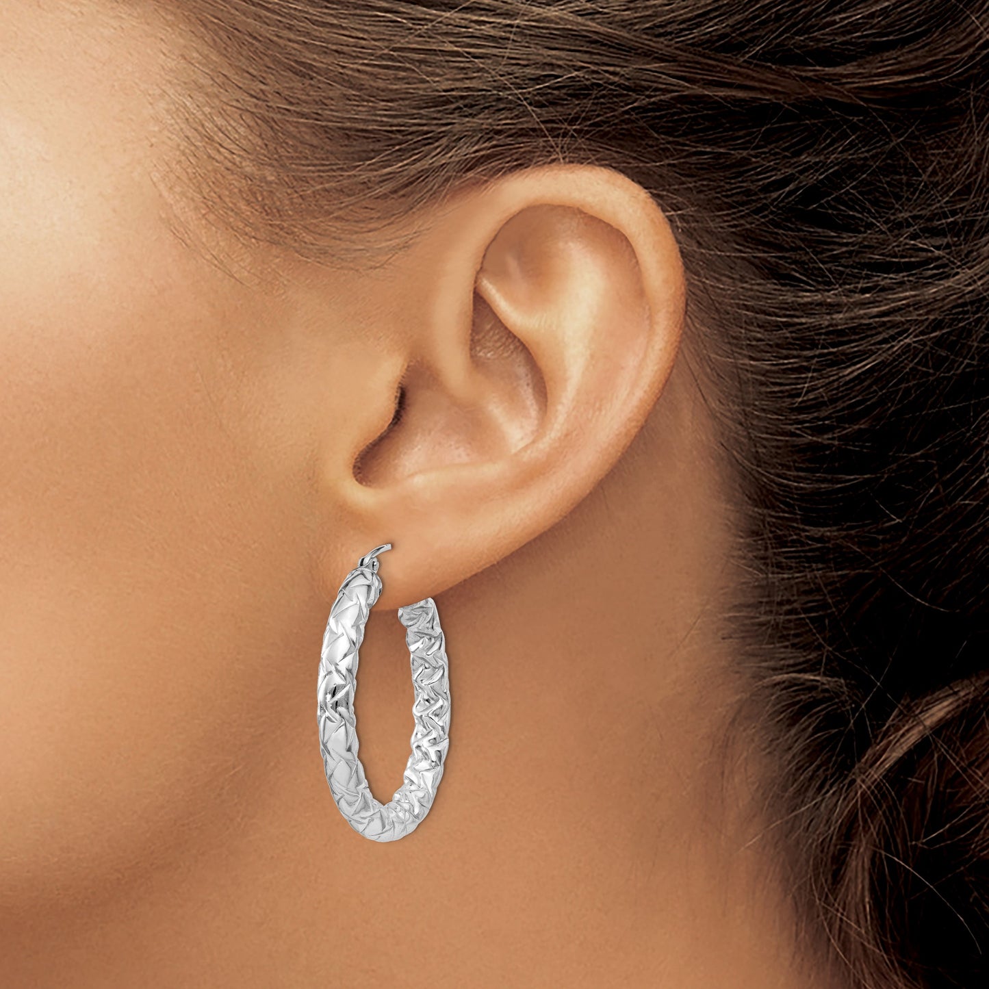 Sterling Silver Rhodium-plated Textured 4x30mm Hoop Earrings