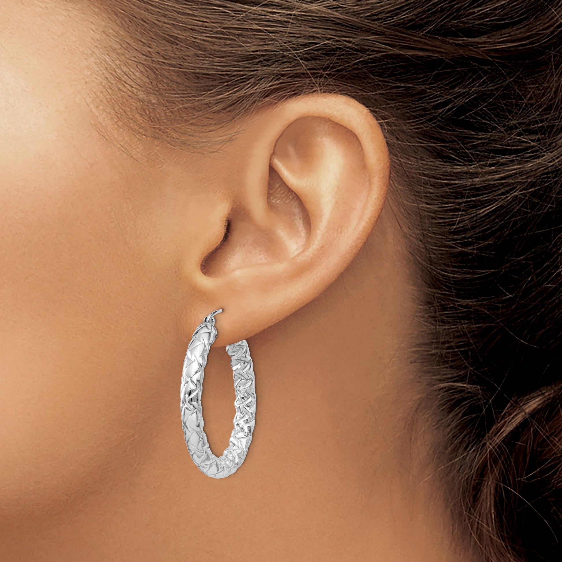 Sterling Silver Rhodium-plated Textured 4x30mm Hoop Earrings