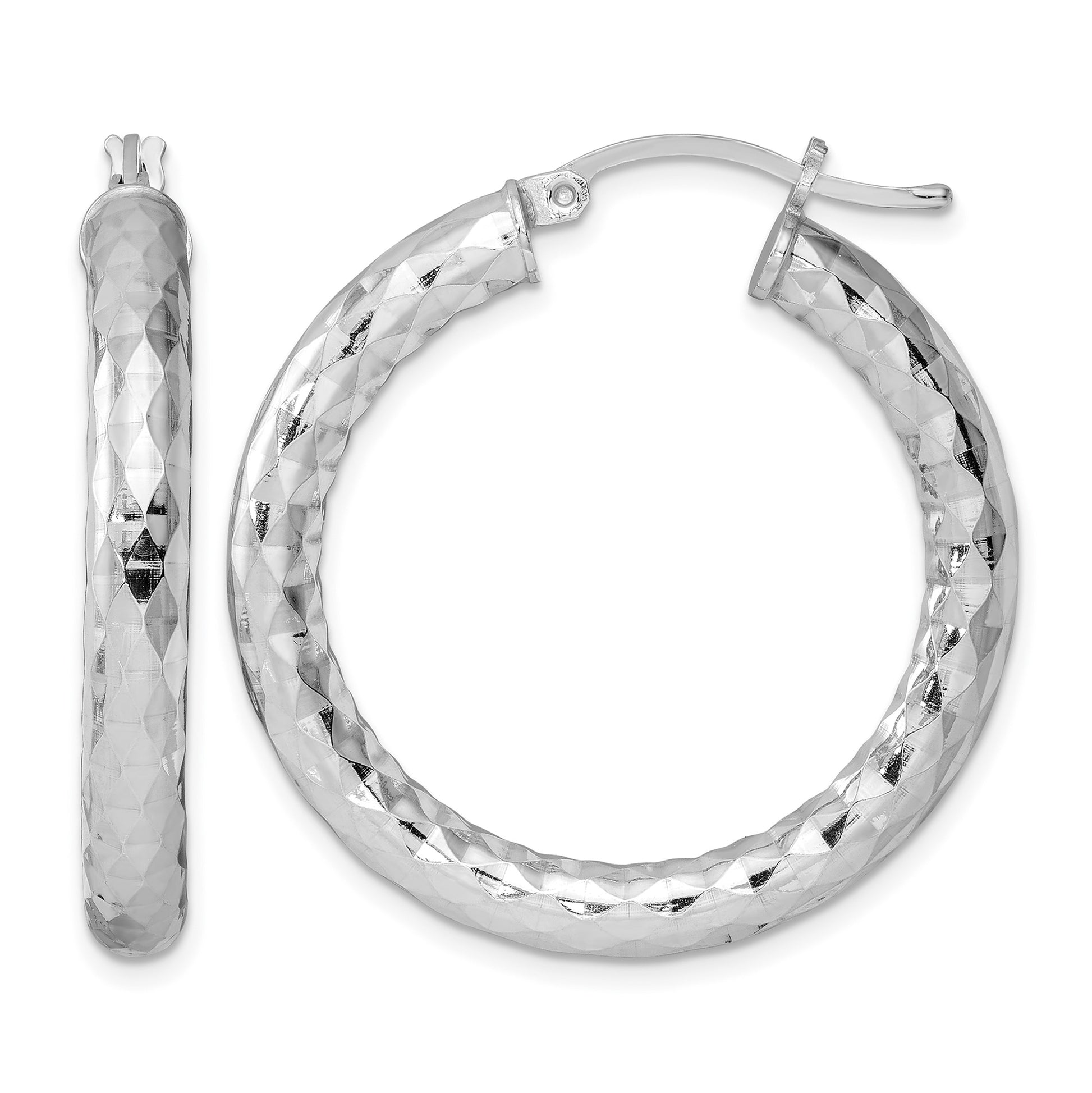 Sterling Silver Rhodium-plated Textured 4x30mm Hoop Earrings