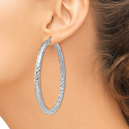 Sterling Silver Rhodium-plated Textured 4x60mm Hoop Earrings