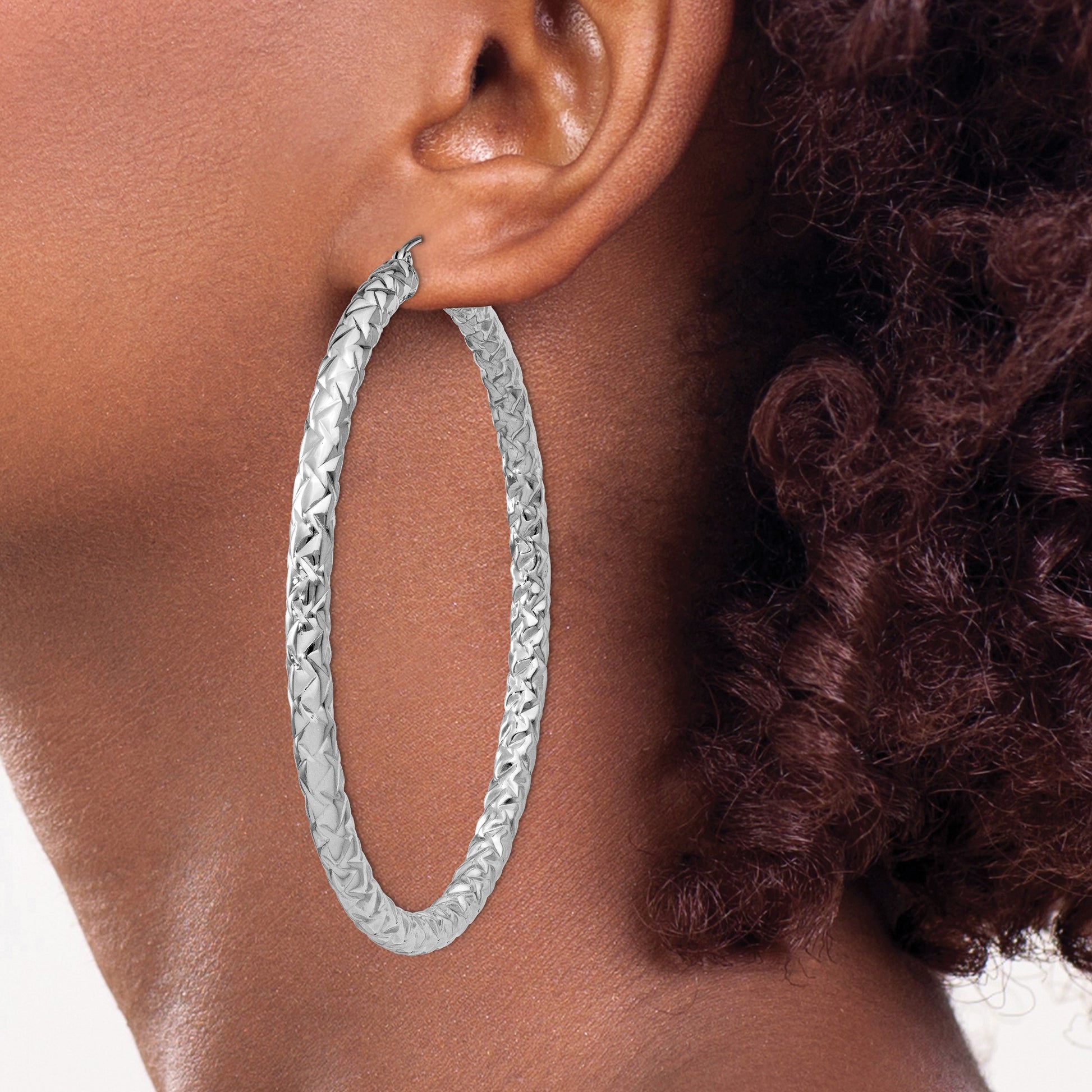 Sterling Silver Rhodium-plated Textured 4x65mm Hoop Earrings